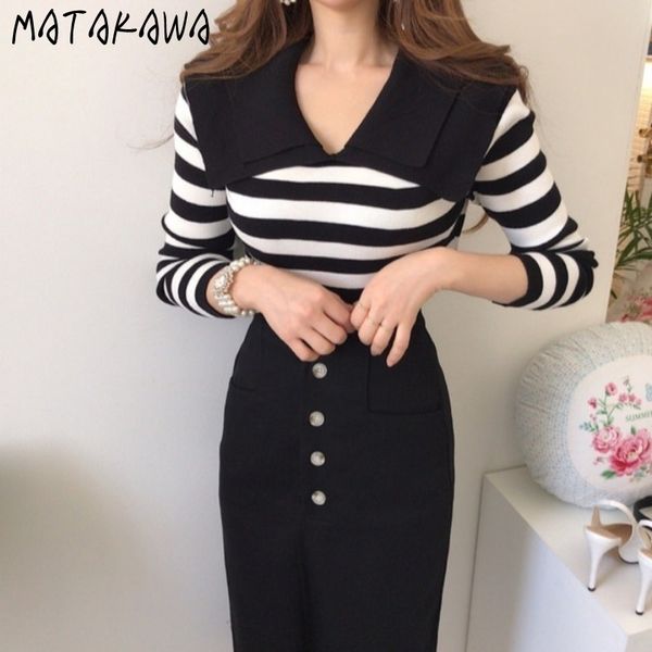 matakawa knit sweater autumn turn-down collar black and white striped women pullovers slim long-sleeved bottoming shirt 210513, White;black
matakawa knit sweater autumn turn-down collar black and white striped women pullovers slim long-sleeved bottoming shirt 210513, White;black