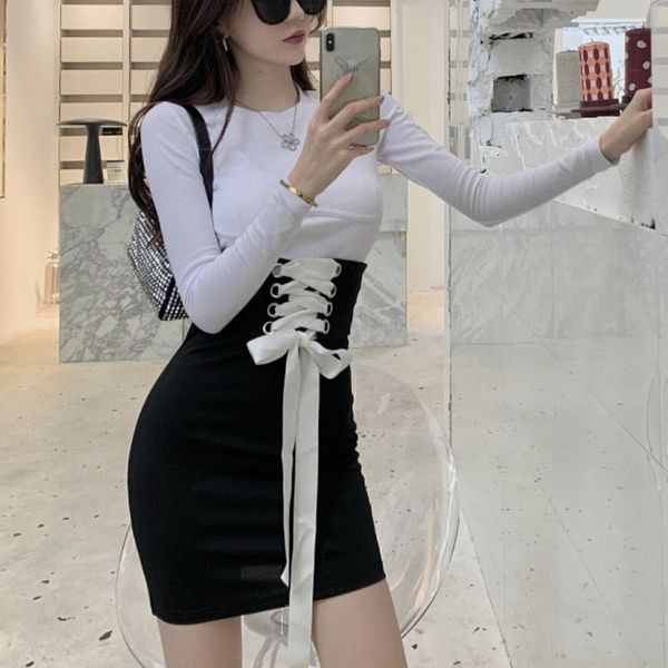 summer women's long sleeve white tight t shirt + bandage mini black dress two-piece fashion women 0nsk 210603
summer women's long sleeve white tight t shirt + bandage mini black dress two-piece fashion women 0nsk 210603