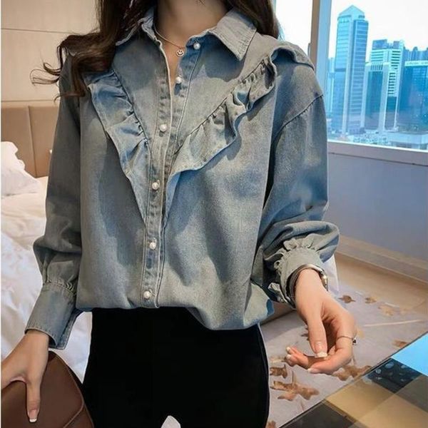 women's blouses & shirts plus size ruffles blue blouse femme long sleeve denim shirt loose peals buttons jeans crop blusa 4xl vintage c, White
women's blouses & shirts plus size ruffles blue blouse femme long sleeve denim shirt loose peals buttons jeans crop blusa 4xl vintage c, White