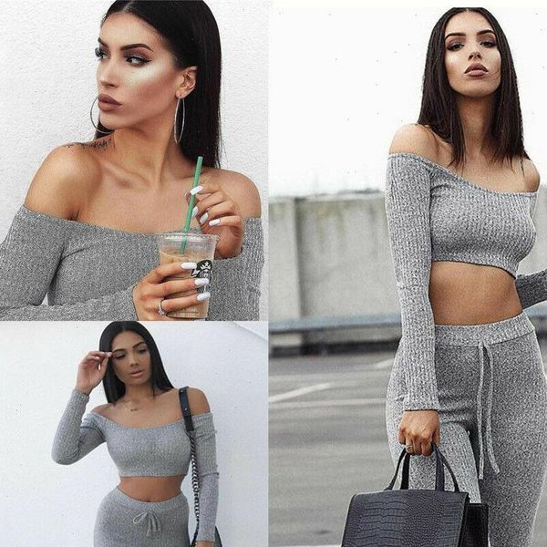 women tracksuits fashion 2 piece set off shoulder crop and long pants suit ladies leisure two tracksuit, Gray
women tracksuits fashion 2 piece set off shoulder crop and long pants suit ladies leisure two tracksuit, Gray