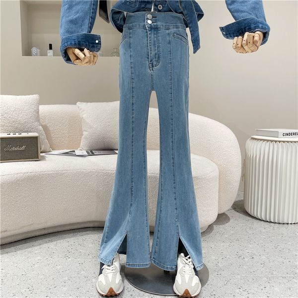 female spring niche fashion design high waist split jeans thin floor sweeping trumpet pants, Blue
female spring niche fashion design high waist split jeans thin floor sweeping trumpet pants, Blue