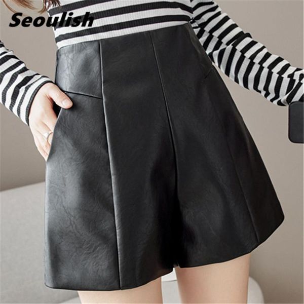 women's shorts seoulish 2021 autumn winter black faux pu leather high waist wide leg pants elegant femaletrousers pockets, White;black
women's shorts seoulish 2021 autumn winter black faux pu leather high waist wide leg pants elegant femaletrousers pockets, White;black