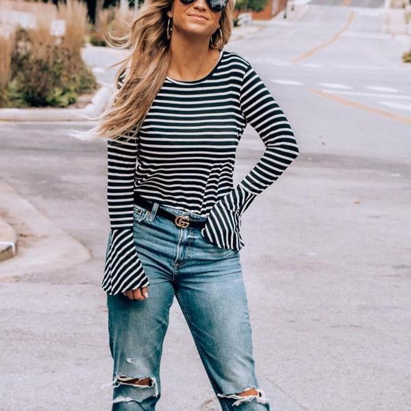 women's t-shirt autumn women black striped t-shirts casual long flare sleeve round collar office lady slim pullovers fall, White
women's t-shirt autumn women black striped t-shirts casual long flare sleeve round collar office lady slim pullovers fall, White