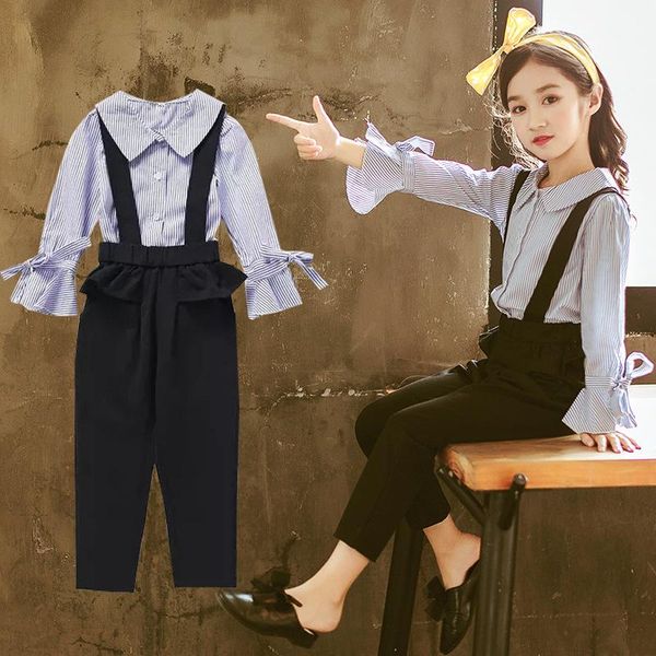 girls clothing set blue blouse shirt + cotton suspender pants preppy style teen sets kids ack to school suits, White
girls clothing set blue blouse shirt + cotton suspender pants preppy style teen sets kids ack to school suits, White