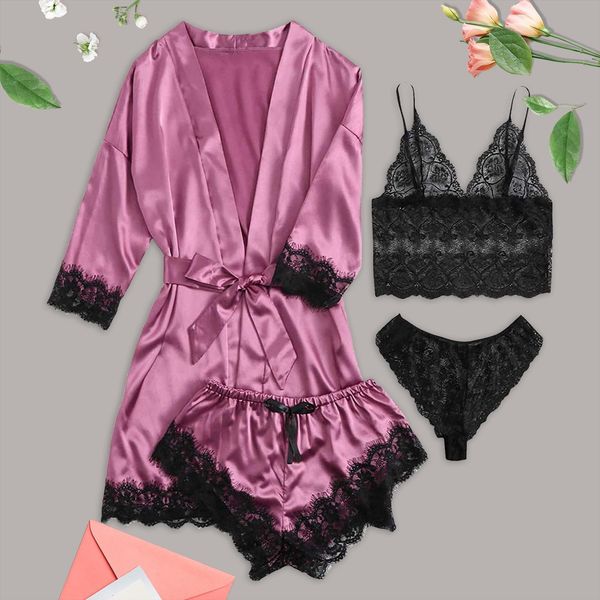 4 piece pajama sets women sleepwear garter lingerie set satin robes lace bodysuit deep v neck homewear underwear, Black;red
4 piece pajama sets women sleepwear garter lingerie set satin robes lace bodysuit deep v neck homewear underwear, Black;red