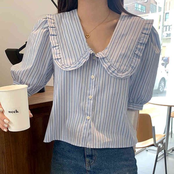women casual vacation blue striped blouse peter pan collar short puff sleeve loose shirt fashion summer 16w904 210510, White
women casual vacation blue striped blouse peter pan collar short puff sleeve loose shirt fashion summer 16w904 210510, White