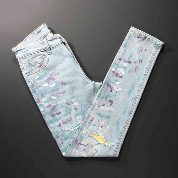 men's jeans american streetwear fashion men light blue painted designer elastic ripped denim punk pants slim fit hip hop trousers
men's jeans american streetwear fashion men light blue painted designer elastic ripped denim punk pants slim fit hip hop trousers