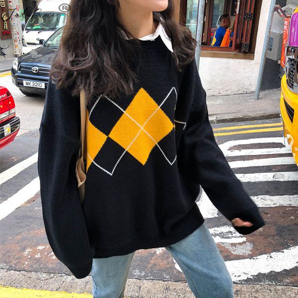 womens sweater arrival autumn winter elegant black argyle print long sleeve o neck pull oversize sweater flame jumper 210415, White;black
womens sweater arrival autumn winter elegant black argyle print long sleeve o neck pull oversize sweater flame jumper 210415, White;black