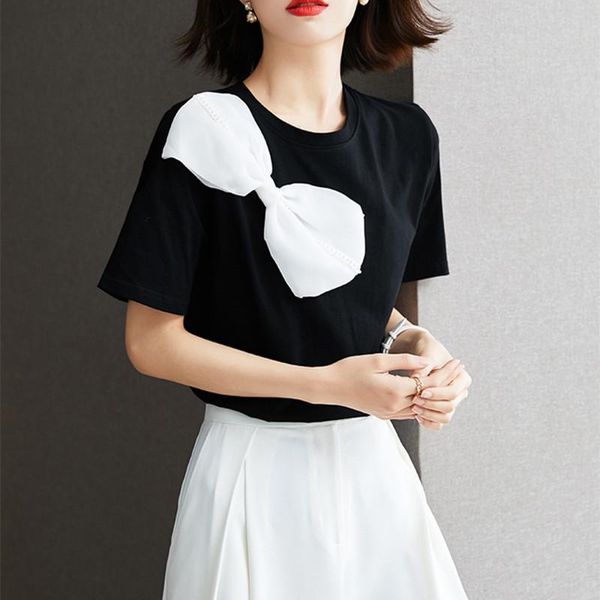 women's blouses & shirts summer casual design sense round neck bow print patchwork short-sleeved t-shirt clothing vintage loose solid c, White
women's blouses & shirts summer casual design sense round neck bow print patchwork short-sleeved t-shirt clothing vintage loose solid c, White