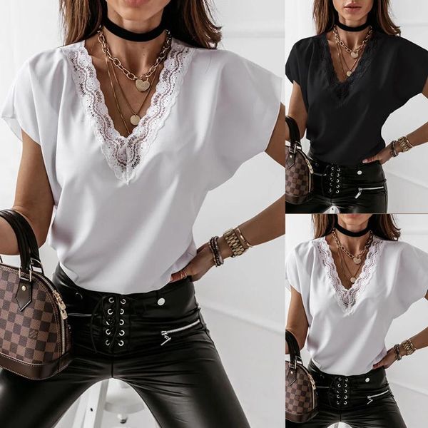 fashion women summer solid color t-shirts patchwork design lace decor see through v-neck short sleeve casual loose thin 2021 women's t-, White
fashion women summer solid color t-shirts patchwork design lace decor see through v-neck short sleeve casual loose thin 2021 women's t-, White