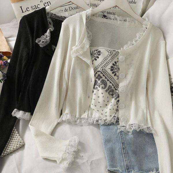 women's knits & tees suit lace stitching short single-breasted long-sleeved thin knit with a printed camisole, White
women's knits & tees suit lace stitching short single-breasted long-sleeved thin knit with a printed camisole, White