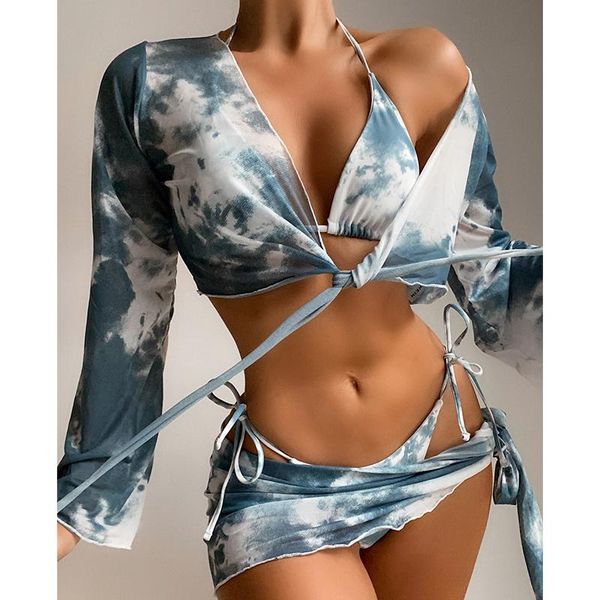 4-piece swimsuit women bandage tie dye bikini long sleeve swimwear string low waist bathing suit beach wear swimming women's, White;black
4-piece swimsuit women bandage tie dye bikini long sleeve swimwear string low waist bathing suit beach wear swimming women's, White;black