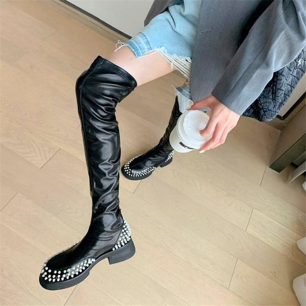 boots studded women's round toe thick with stretch cloth high-heeled fashion party, Black
boots studded women's round toe thick with stretch cloth high-heeled fashion party, Black