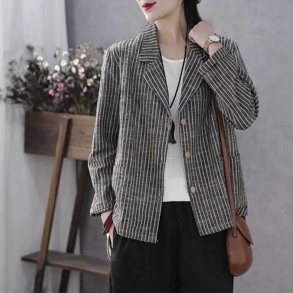 women's jackets retro literary spring and autumn cotton linen jacket female vertical striped small suit outside coat kn068, Black;brown
women's jackets retro literary spring and autumn cotton linen jacket female vertical striped small suit outside coat kn068, Black;brown