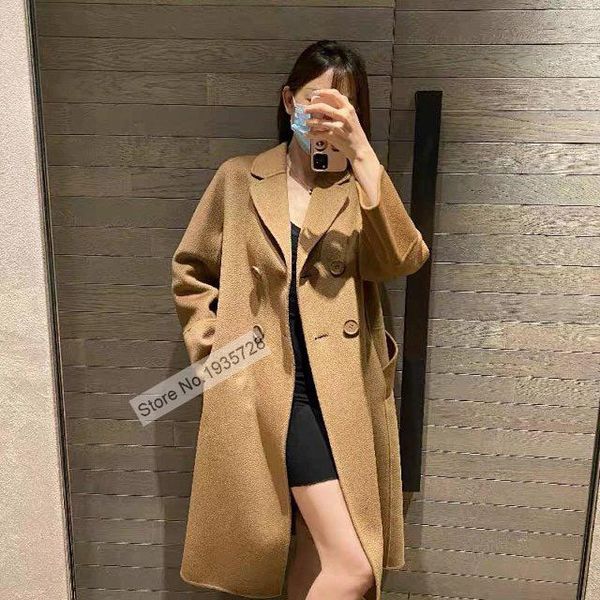 women's wool & blends ladies double-breasted waist ties double-sided woolen blend mid-length coat outerwear, Black
women's wool & blends ladies double-breasted waist ties double-sided woolen blend mid-length coat outerwear, Black