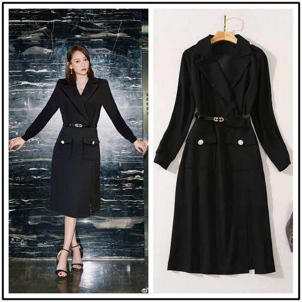 style chen qiao en's commuting suit collar slim and pocket slit dress casual dresses, Black;gray
style chen qiao en's commuting suit collar slim and pocket slit dress casual dresses, Black;gray