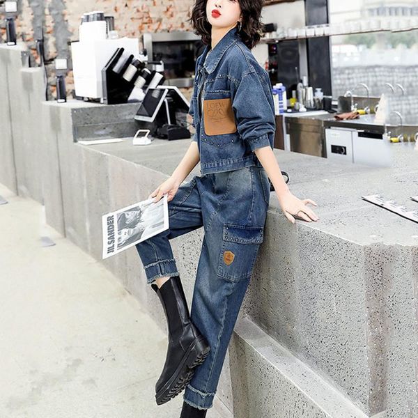 women's two piece pants fashion denim suit female 2021 spring and autumn european station short jacket overalls casual two-piece, White
women's two piece pants fashion denim suit female 2021 spring and autumn european station short jacket overalls casual two-piece, White