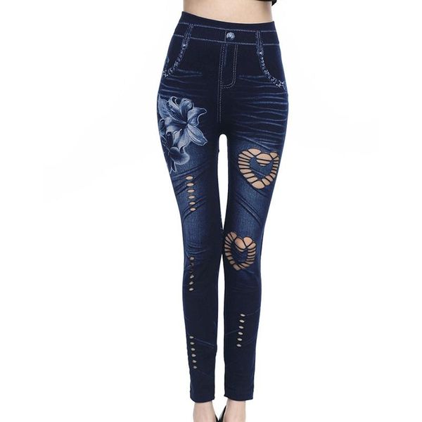 women's leggings women fitness elastic ladies hole floral print casual hollow out faux denim pencil pants, Black
women's leggings women fitness elastic ladies hole floral print casual hollow out faux denim pencil pants, Black