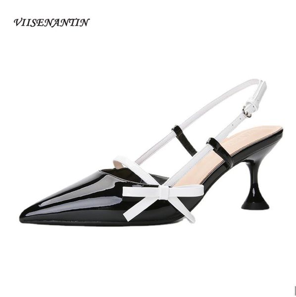 sandals patent leather pointed toe buckle back high-heeled shoes 2021 summer color matching baotou bow stiletto heel women's, Black
sandals patent leather pointed toe buckle back high-heeled shoes 2021 summer color matching baotou bow stiletto heel women's, Black