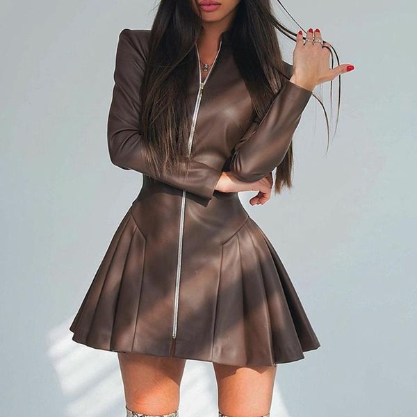 high collar zipper pleated leather dress women 2021 autumn long sleeve solid color slim a-line elegant street casual dresses, Black;gray
high collar zipper pleated leather dress women 2021 autumn long sleeve solid color slim a-line elegant street casual dresses, Black;gray