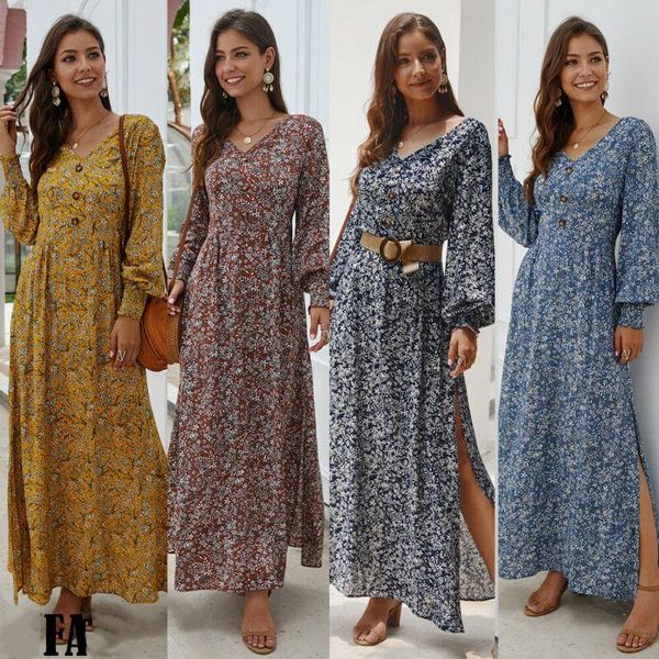 women pleated long sleeve dresses v neck button floral print slim maxi dress boho party beach side split casual, Black;gray
women pleated long sleeve dresses v neck button floral print slim maxi dress boho party beach side split casual, Black;gray