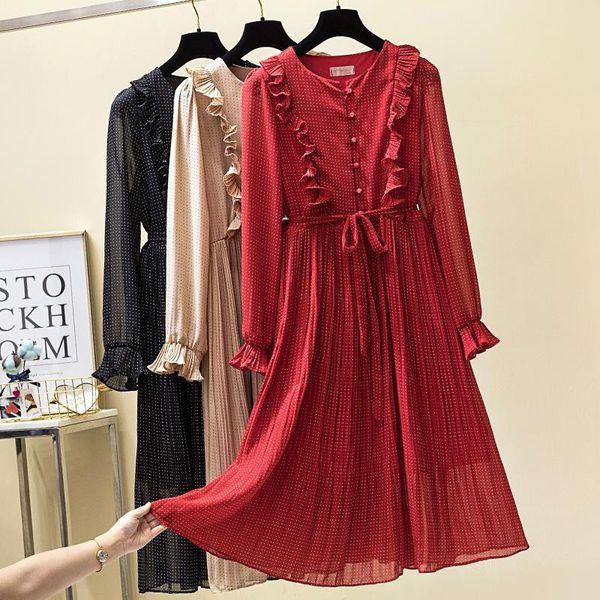 casual dresses 2021 vintage o-neck ruffles chiffon women dress flare sleeve polka dot lace up female two layers pleated vestidos, Black;gray
casual dresses 2021 vintage o-neck ruffles chiffon women dress flare sleeve polka dot lace up female two layers pleated vestidos, Black;gray