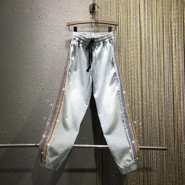 women's jeans 2021 spring colorful rhinestone beaded elastic high waist ankle-tied necking harem denim cropped pants for women, Blue
women's jeans 2021 spring colorful rhinestone beaded elastic high waist ankle-tied necking harem denim cropped pants for women, Blue