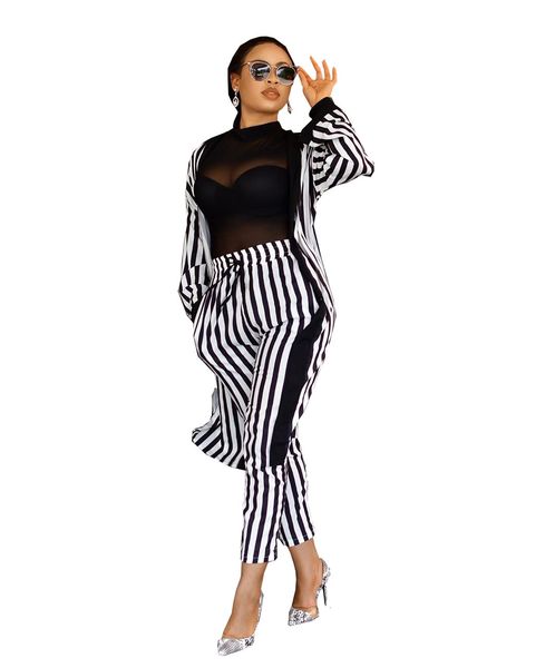 black and white stripes women sets elegant lady sleeves outwear long cardigan + pencil pants ankle length streetwear outfits 
black and white stripes women sets elegant lady sleeves outwear long cardigan + pencil pants ankle length streetwear outfits