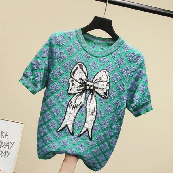 women's sweaters 2021 spring and summer sequins beading bow pullover sweater women short sleeve jacquard knitted t shirts green pink, White;black
women's sweaters 2021 spring and summer sequins beading bow pullover sweater women short sleeve jacquard knitted t shirts green pink, White;black