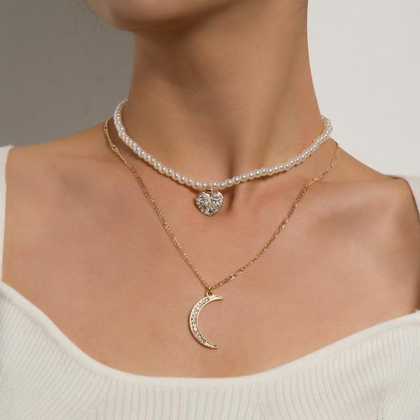 pendant necklaces fashion imitation pearls rhinestone heart moon necklace women elegant double layers geometric clavicle jewelry, Silver
pendant necklaces fashion imitation pearls rhinestone heart moon necklace women elegant double layers geometric clavicle jewelry, Silver