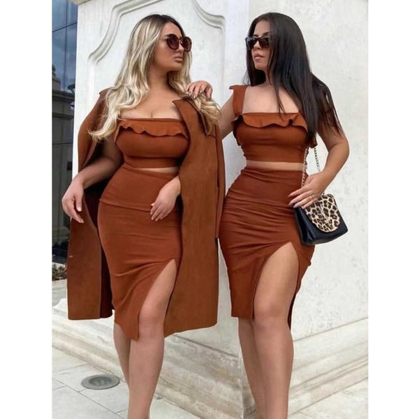 women summer clothing set brown ruffles two pieces bandage party high street celebrity skirts 210527, White
women summer clothing set brown ruffles two pieces bandage party high street celebrity skirts 210527, White