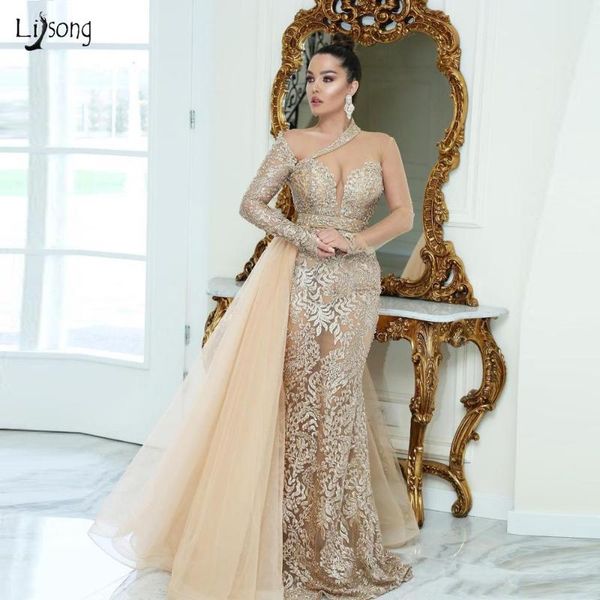 party dresses elegant champagne lace mermaid evening see thru back full sleeves long gowns with side over-skirt formal dress, White;black
party dresses elegant champagne lace mermaid evening see thru back full sleeves long gowns with side over-skirt formal dress, White;black