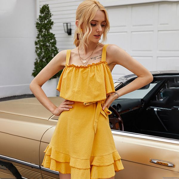summer new women's fashion spaghetti strap short dress ladies slash neck ruffle sleeveless knee-length dress 210413, Black;gray
summer new women's fashion spaghetti strap short dress ladies slash neck ruffle sleeveless knee-length dress 210413, Black;gray