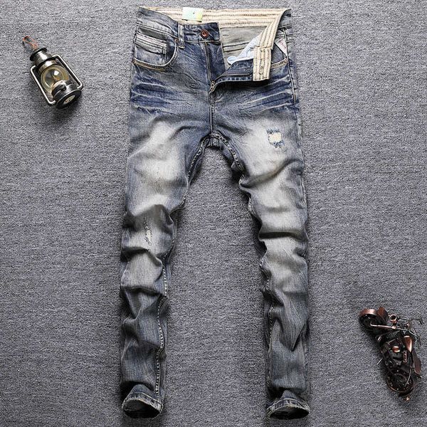 italian style fashion men jeans retro blue elastic slim fit ripped distred patchwork designer vintage denim pants jd9j
italian style fashion men jeans retro blue elastic slim fit ripped distred patchwork designer vintage denim pants jd9j