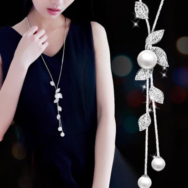 pendant necklaces fashion elegant crystal leaves imitation pearl long tassel chain necklace summer dress jewelry accessories for women gift, Silver
pendant necklaces fashion elegant crystal leaves imitation pearl long tassel chain necklace summer dress jewelry accessories for women gift, Silver