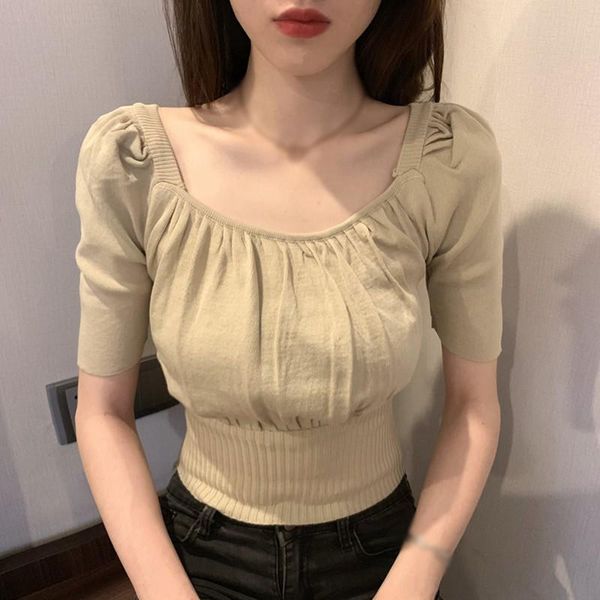 women's t-shirt knitted sweater external wear shirt summer casual square collar all match temperament short sleeve for women, White
women's t-shirt knitted sweater external wear shirt summer casual square collar all match temperament short sleeve for women, White