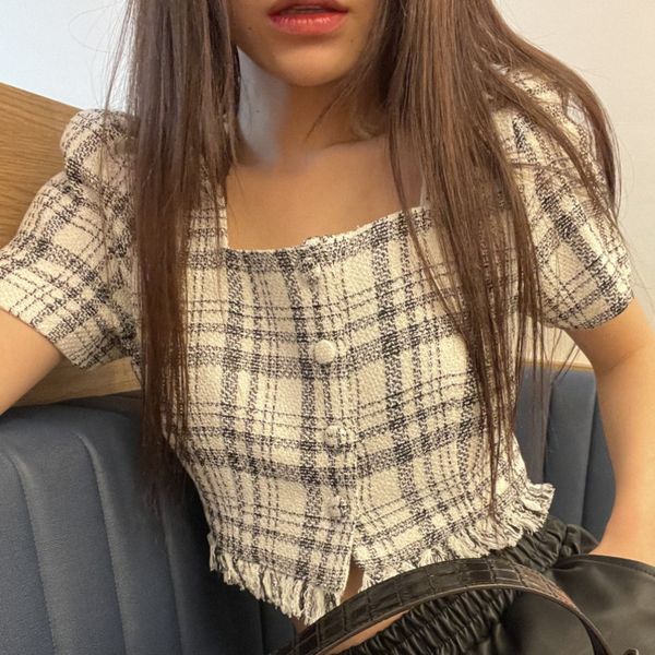 women black plaid mini tassel blouse square collar short puff sleeve shirt fashion spring summer 2f0548 210510, White
women black plaid mini tassel blouse square collar short puff sleeve shirt fashion spring summer 2f0548 210510, White