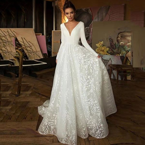 vintage long sleeves a line lace wedding dresses appliqued bridal gowns court train backless satin bride dress, White
vintage long sleeves a line lace wedding dresses appliqued bridal gowns court train backless satin bride dress, White