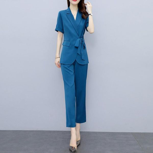 women's two piece pants summer women chiffon short sleeve blazer+straight elastic waist suits fashion casual work sets elegant woman se, White
women's two piece pants summer women chiffon short sleeve blazer+straight elastic waist suits fashion casual work sets elegant woman se, White