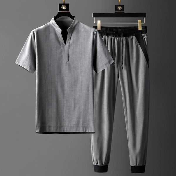 men's tracksuits collar mens stand sets (t-shrit+pants) luxury short sleeve stripe thin male set fashion slim fit elastic waist pants 3, Gray
men's tracksuits collar mens stand sets (t-shrit+pants) luxury short sleeve stripe thin male set fashion slim fit elastic waist pants 3, Gray