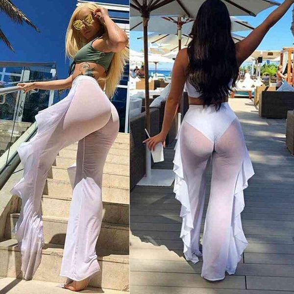 women cover up beach pants transparent mesh sheer ruffle swimwear beach trouser mujer high waist female pants, White;black
women cover up beach pants transparent mesh sheer ruffle swimwear beach trouser mujer high waist female pants, White;black