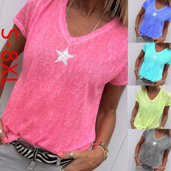 women's t-shirt summer explosion models v-neck print five-pointed star loose female short-sleeved neon roupas femininas, White
women's t-shirt summer explosion models v-neck print five-pointed star loose female short-sleeved neon roupas femininas, White
