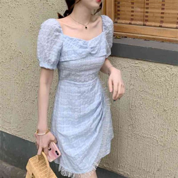elegant dress women blue puff sleeve square collar plaid summer korean japan style chiffon french vintage 210519, Black;gray
elegant dress women blue puff sleeve square collar plaid summer korean japan style chiffon french vintage 210519, Black;gray
