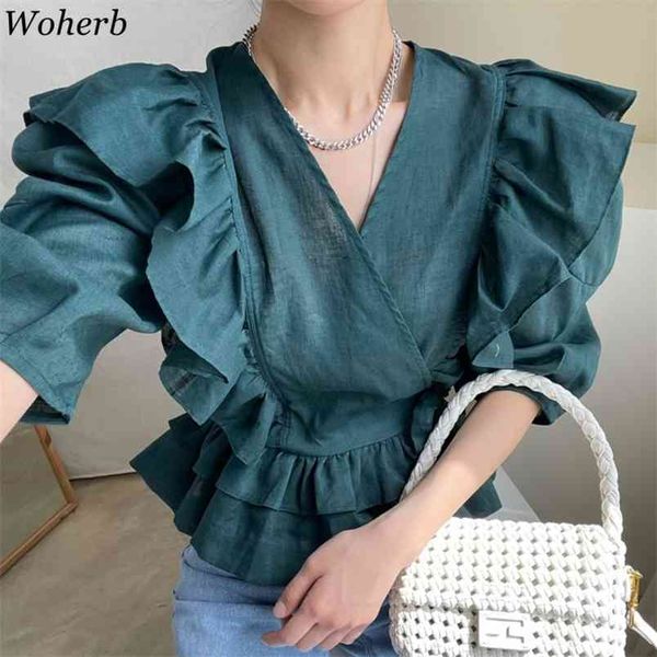 women blouse vintage temperament blusas v-neck ruffles patchwork fashion shirts lace-up slim waist puff short sleeve 210519, White
women blouse vintage temperament blusas v-neck ruffles patchwork fashion shirts lace-up slim waist puff short sleeve 210519, White
