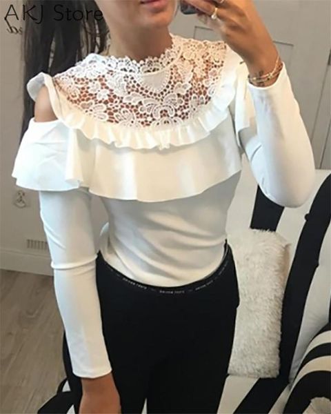 women's blouses & shirts women solid color long sleeve blouse ruffled cold shoulder crochet lace patchowrk casual top, White
women's blouses & shirts women solid color long sleeve blouse ruffled cold shoulder crochet lace patchowrk casual top, White