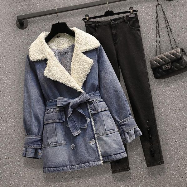 women's two piece pants plus size winter women suit lamb wool fleece denim jacket and jeans matching outfit set large female clothes, White
women's two piece pants plus size winter women suit lamb wool fleece denim jacket and jeans matching outfit set large female clothes, White
