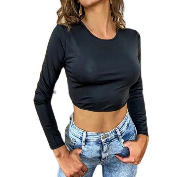 women's t-shirt simple casual black round neck long sleeve fashion elegant open back hollow short slim street trend, White
women's t-shirt simple casual black round neck long sleeve fashion elegant open back hollow short slim street trend, White