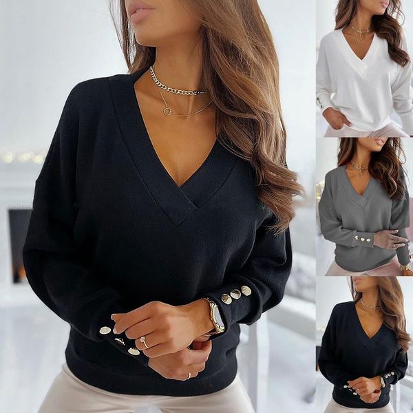 women's sweaters knitted pullover sweater women autumn solid color deep v neck pocket single-breasted long sleeve 2021, White;black
women's sweaters knitted pullover sweater women autumn solid color deep v neck pocket single-breasted long sleeve 2021, White;black