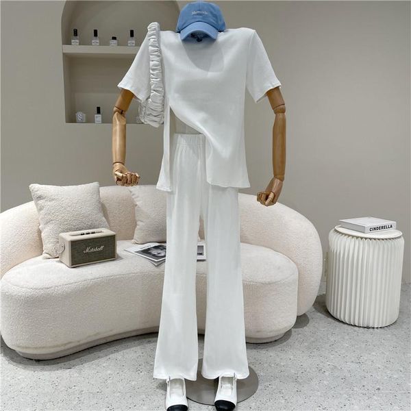 two piece set women's spring summer 2021 fashion split round neck short sleeve + high waist slim wide leg trousers pants, White
two piece set women's spring summer 2021 fashion split round neck short sleeve + high waist slim wide leg trousers pants, White