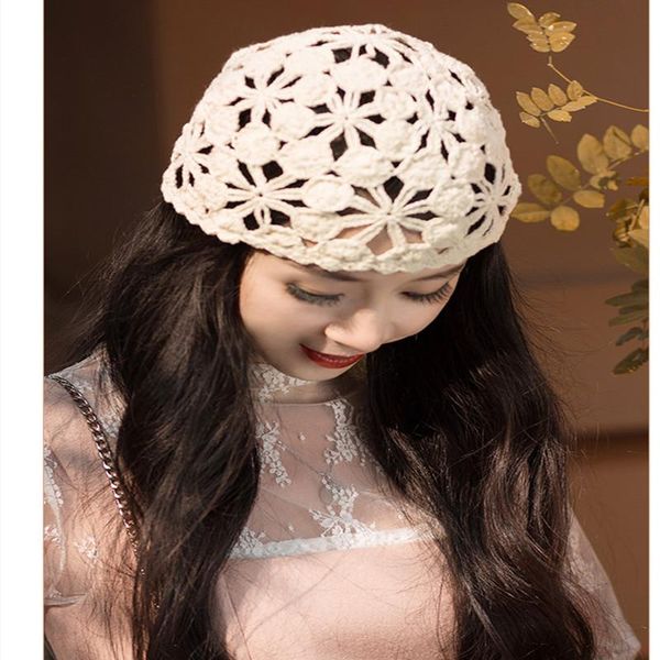 handworking lace thin spring and autumn hook flower lady braided headband melon skin hat hollow knit berets, Blue;gray
handworking lace thin spring and autumn hook flower lady braided headband melon skin hat hollow knit berets, Blue;gray